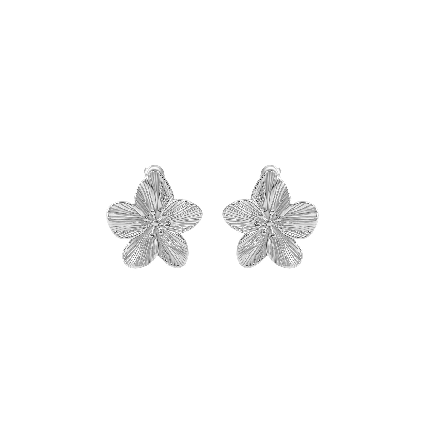 Pair of silver flower-shaped earrings on a white background