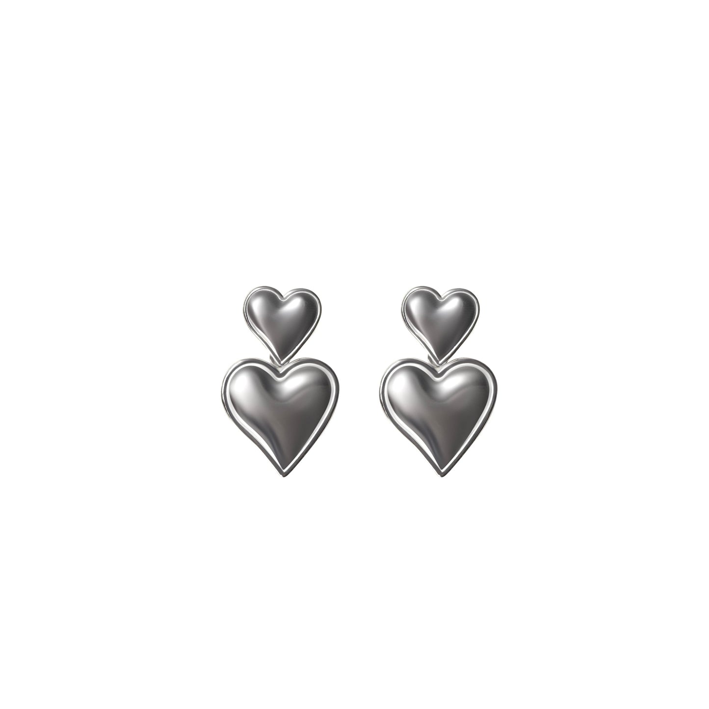 Pair of silver heart-shaped earrings on a white background