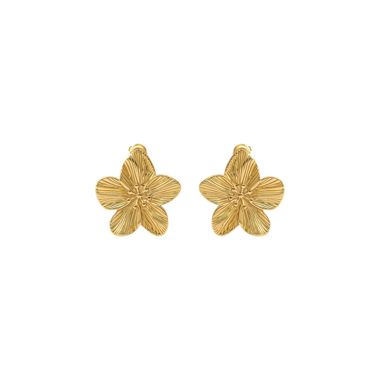 Pair of gold flower-shaped earrings on a white background
