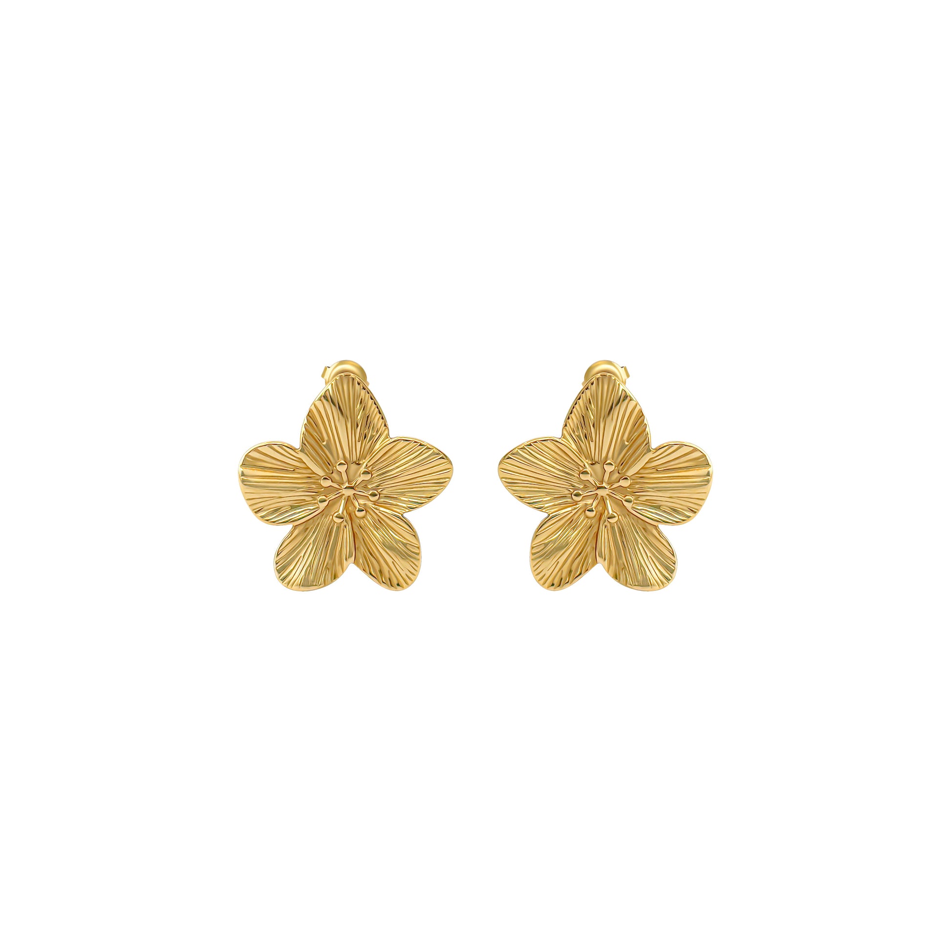 Pair of gold flower-shaped earrings on a white background