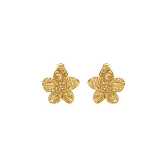 Pair of gold flower-shaped earrings on a white background
