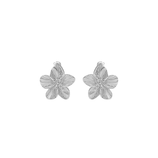 Pair of silver flower-shaped earrings on a white background