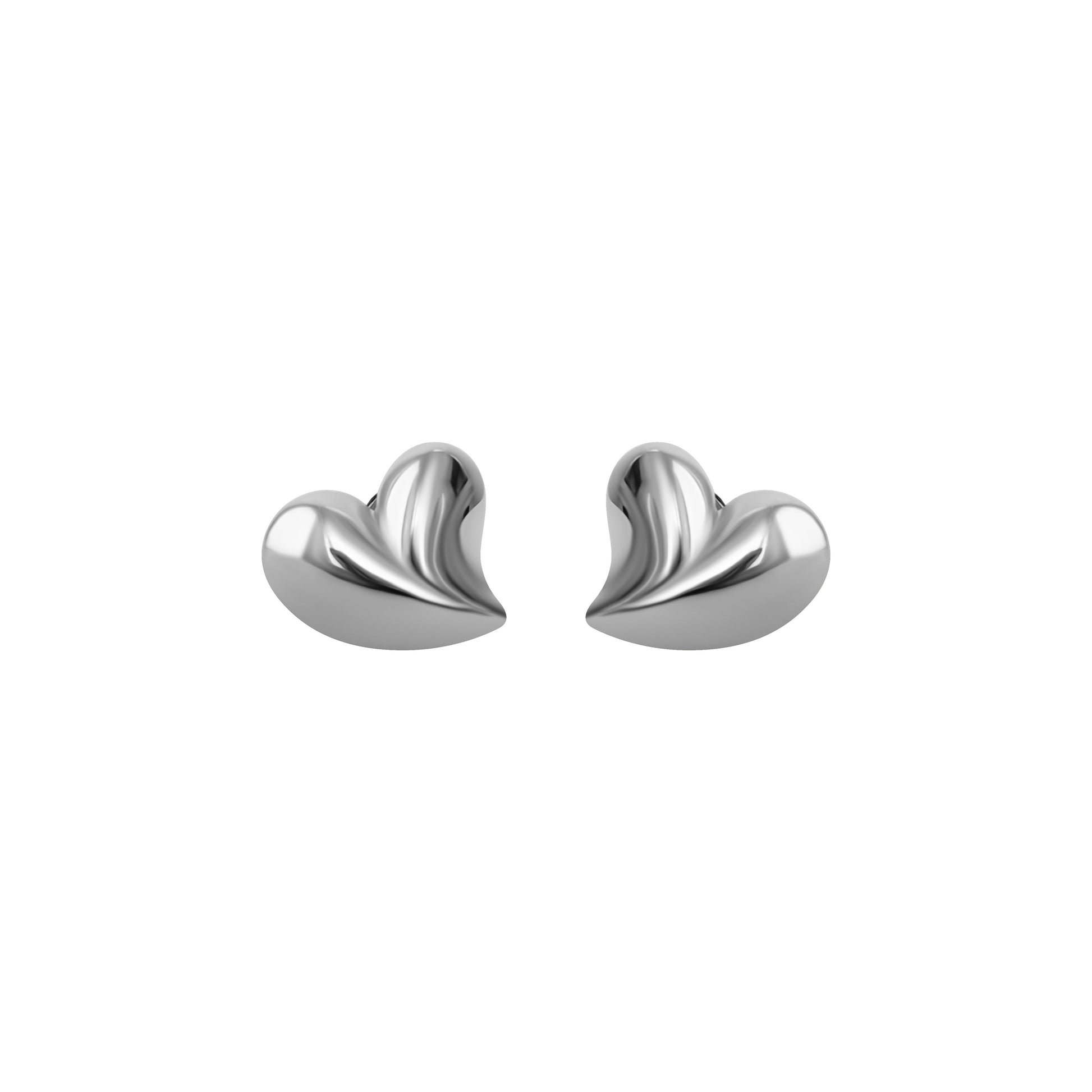 Pair of silver heart-shaped earrings on a white background