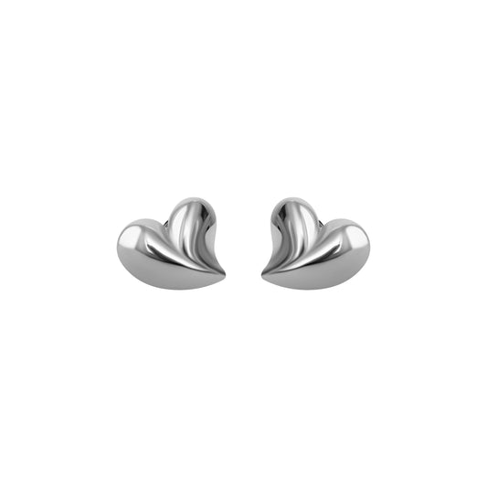 Pair of silver heart-shaped earrings on a white background