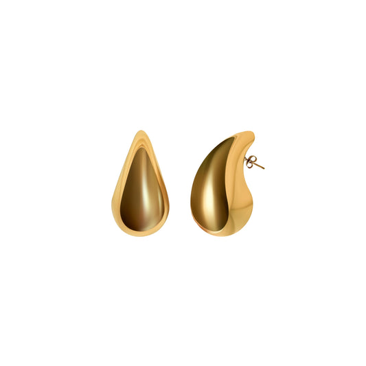 Gold teardrop-shaped earrings on a white background