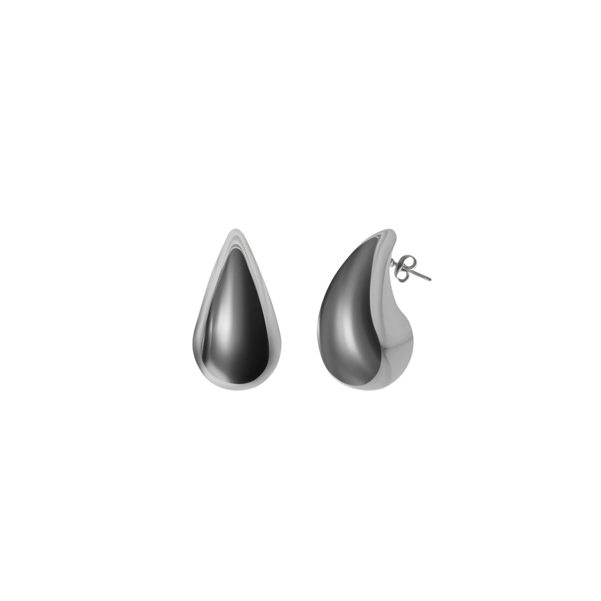 Pair of silver teardrop-shaped earrings on a white background