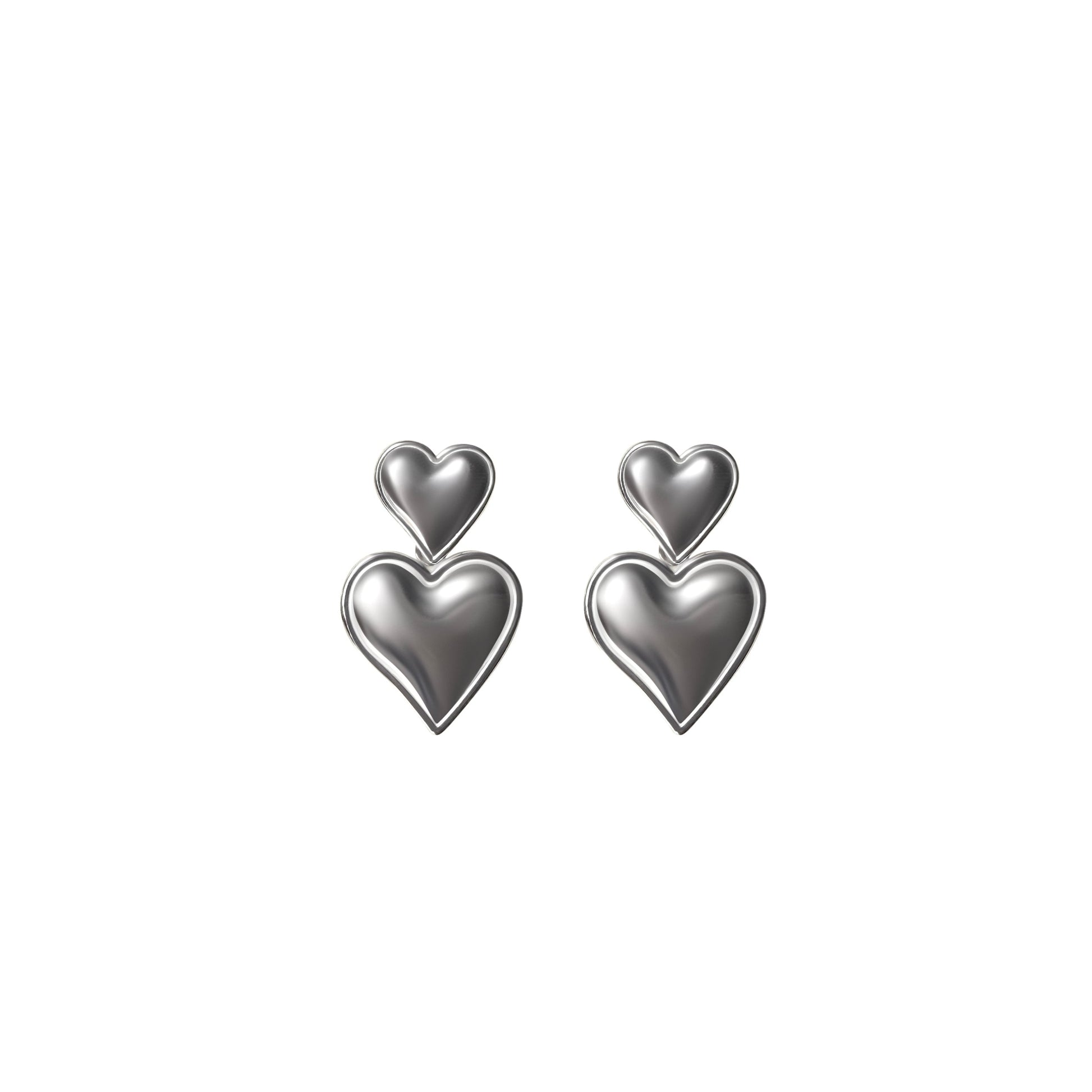 Pair of silver heart-shaped earrings on a white background